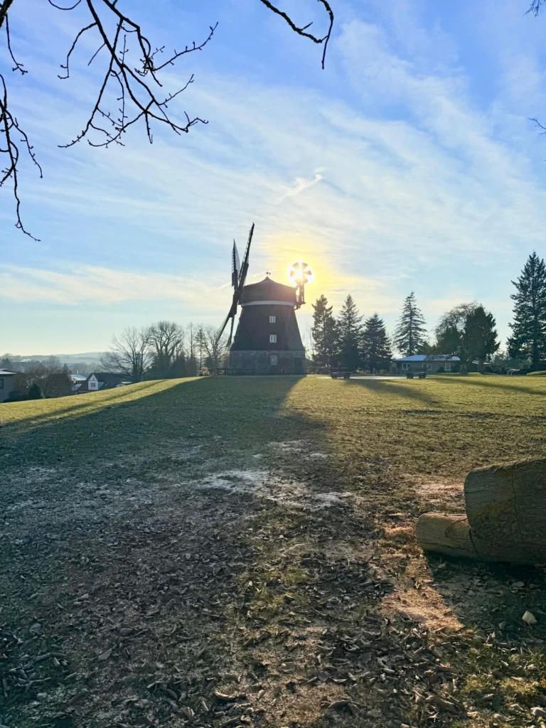 Windmühle am Wegesrand im Gegenlicht der Abendsonne